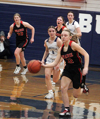 Mia Anderson provided some big minutes off the bench at Grangeville. Here she drives downcourt for a lay-up after making a steal. Also shown are Sage Elven and Kylie Schumacher.