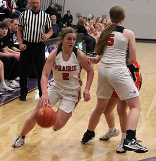 Hailey Hanson sets a pick against Kendrick that Lexi Schumacher used to drive all the way to the hoop for a lay-up.