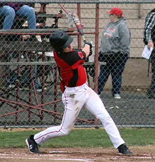 Levi McElroy hit a 2-run homer on this swing to give Prairie a quick 2-0 lead at C.V. last Thursday. Unfortunately C.V. came back to win.