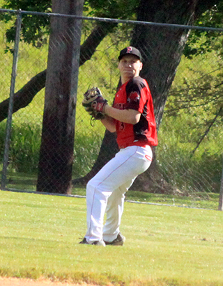 Chris Schumacher is ready to throw the ball back after making a catch against Potlatch. It was his catch and throw to the plate to nail the tying run trying to score that ended the C.V. game.