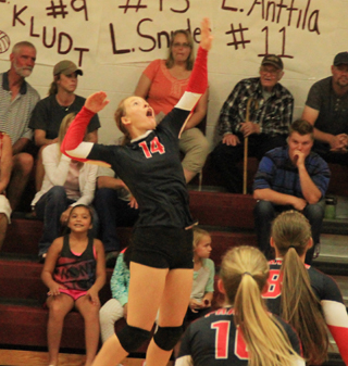 Sarah Seubert goes up for a spike. Also shown are Chaye Uptmor, 10, and Hailey Danly, 8.