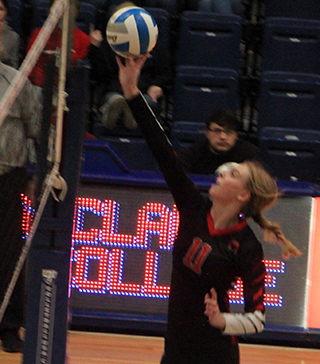 Alli Geis makes a play at the net.