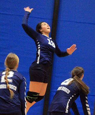 Raylie Warren goes up for a spike against Highland at District.