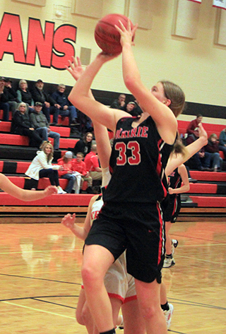 Sage Elven goes for a lay-up at Troy. She has stepped her game up a few notches lately helping Prairie to a big win at Lapwai as well as at Troy.